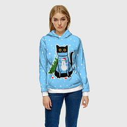 Толстовка-худи женская Котик в свитере под снегопадом - синий, цвет: 3D-белый — фото 2