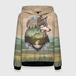 Толстовка-худи женская Портрет волка в технике двойной экспозиции, цвет: 3D-черный
