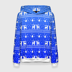 Толстовка-худи женская Синий орнамент с оленями, цвет: 3D-белый