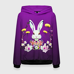 Толстовка-худи женская Кролик с одуванчиками, цвет: 3D-черный