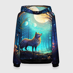 Толстовка-худи женская Волк в ночном лесу в folk art стиле, цвет: 3D-черный