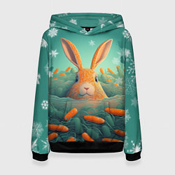 Толстовка-худи женская Кролик в море моркови, цвет: 3D-черный