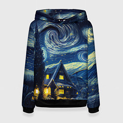 Толстовка-худи женская Новогодняя ночь - имитация Ван Гога, цвет: 3D-черный