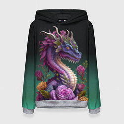 Толстовка-худи женская Неоновый дракон с цветами, цвет: 3D-меланж