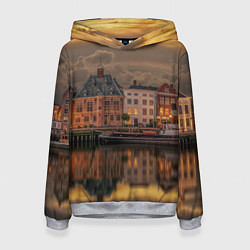 Толстовка-худи женская Мирный город на воде и тучи, цвет: 3D-меланж