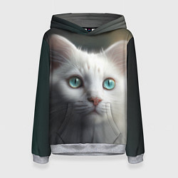 Толстовка-худи женская Милый белый кот с голубыми глазами, цвет: 3D-меланж