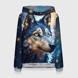 Толстовка-худи женская Волк на синем фоне, цвет: 3D-меланж