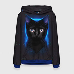 Толстовка-худи женская Черный кот на фоне созвездий, цвет: 3D-синий