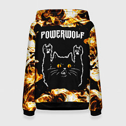 Толстовка-худи женская Powerwolf рок кот и огонь, цвет: 3D-черный