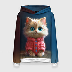 Толстовка-худи женская Котик в розовом свитере, цвет: 3D-белый