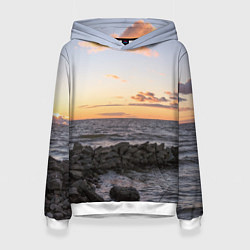 Толстовка-худи женская Закат солнца на Финском заливе, цвет: 3D-белый