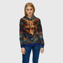 Толстовка-худи женская Морда лисы на фрактальных узорах, цвет: 3D-синий — фото 2