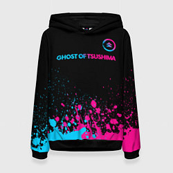 Толстовка-худи женская Ghost of Tsushima - neon gradient: символ сверху, цвет: 3D-черный