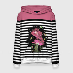 Толстовка-худи женская Розовые акварельные маки на полосатом фоне, цвет: 3D-белый