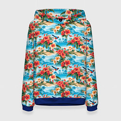 Толстовка-худи женская Гавайский стиль летние цветы, цвет: 3D-синий