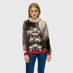 Толстовка-худи женская Кот сидит на диване с напитком, цвет: 3D-красный — фото 2