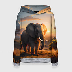 Толстовка-худи женская Африканский слон в саванне, цвет: 3D-меланж