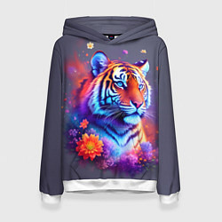 Толстовка-худи женская Тигр и краски - нейросеть, цвет: 3D-белый