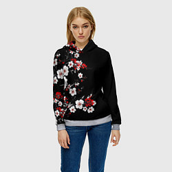 Толстовка-худи женская Белая и красная сакура - цветение, цвет: 3D-меланж — фото 2