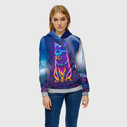 Толстовка-худи женская Космический неоновый котик - нейросеть, цвет: 3D-меланж — фото 2