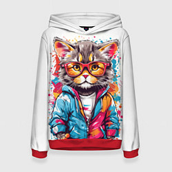 Толстовка-худи женская Котик в очках - брызги красок, цвет: 3D-красный