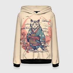 Толстовка-худи женская Кот-самурай, цвет: 3D-черный