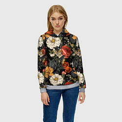 Толстовка-худи женская Цветочный паттерн на черном, цвет: 3D-меланж — фото 2