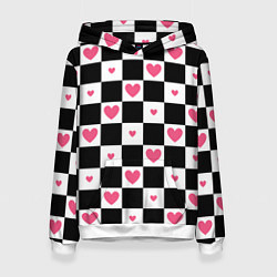 Женская толстовка Розовые сердечки на фоне шахматной черно-белой дос