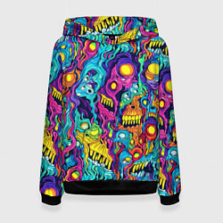 Толстовка-худи женская Кислотные психоделические черепа, цвет: 3D-черный