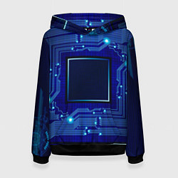 Толстовка-худи женская Технический синий паттерн, цвет: 3D-черный