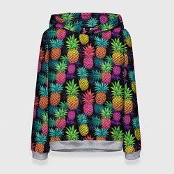 Толстовка-худи женская Разноцветные ананасы паттерн, цвет: 3D-меланж