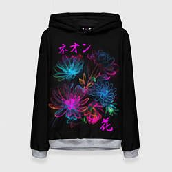 Толстовка-худи женская Неоновые цветы - японский стиль, цвет: 3D-меланж
