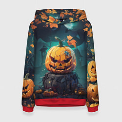 Толстовка-худи женская Хэллоуинская тыква под луной, цвет: 3D-красный