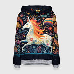 Толстовка-худи женская Радужная лошадка в стиле фолк-арт, цвет: 3D-меланж