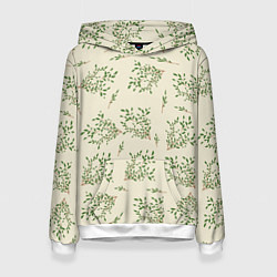 Толстовка-худи женская Веточки с зелеными листьями, цвет: 3D-белый