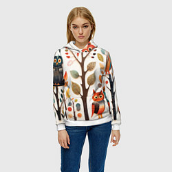 Толстовка-худи женская Совы в осеннем лесу в стиле фолк-арт, цвет: 3D-белый — фото 2