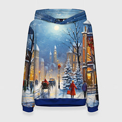 Толстовка-худи женская Новогодний городской пейзаж, цвет: 3D-синий