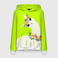 Толстовка-худи женская Летняя лама - альпака в венке, цвет: 3D-белый