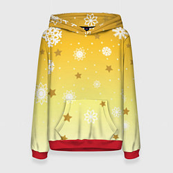 Толстовка-худи женская Снежинки и звезды на желтом, цвет: 3D-красный