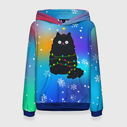 Толстовка-худи женская Новогодний котик и снежинки, цвет: 3D-синий