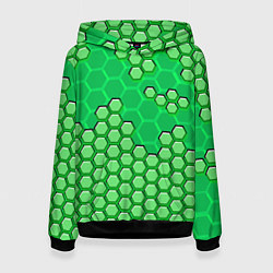 Толстовка-худи женская Зелёная энерго-броня из шестиугольников, цвет: 3D-черный