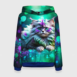 Толстовка-худи женская Пушистый котенок в бирюзово фиолетовом боке, цвет: 3D-синий