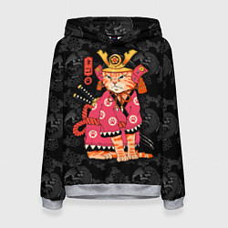 Толстовка-худи женская Кот самурай в розовом кимоно, цвет: 3D-меланж