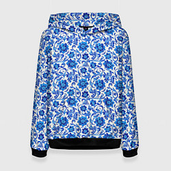 Толстовка-худи женская Гжель классика, цвет: 3D-черный