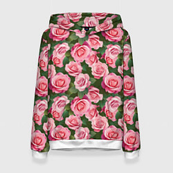 Толстовка-худи женская Розовые розы паттерн, цвет: 3D-белый