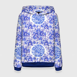 Толстовка-худи женская Новогодняя гжель роспись, цвет: 3D-синий