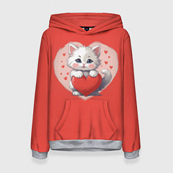 Толстовка-худи женская Мультяшный котенок держит красное сердечко, цвет: 3D-меланж