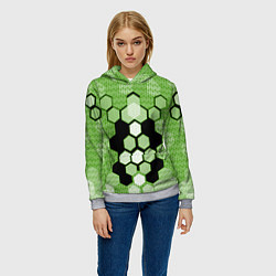 Толстовка-худи женская Зелёная кибер броня hexagons, цвет: 3D-меланж — фото 2