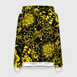 Толстовка-худи женская Хохломская роспись золотые цветы на чёроном фоне, цвет: 3D-белый