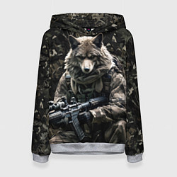 Толстовка-худи женская Волк солдат в камуфляже, цвет: 3D-меланж